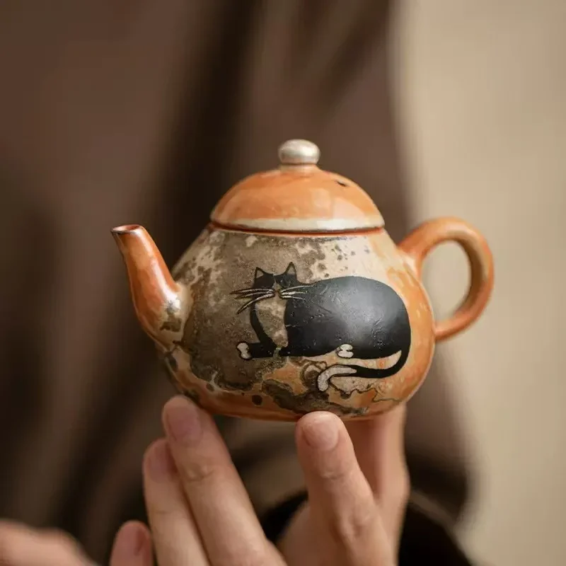 110ml Japanese Zhiye Cat Teapot Retro Wood-fired Porcelain Pot Tea Maker Kettle with Ball Hole Strainer Teaset Accessories Craft