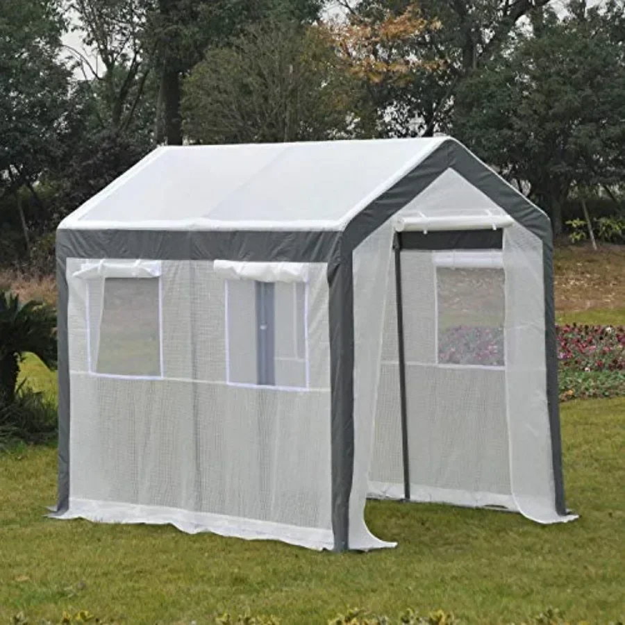 Walk-in Greenhouse for Gardening Use, White PE Fabric with Steel Frame, 4 Roll-up Windows for Ventilation and Temperature Contr