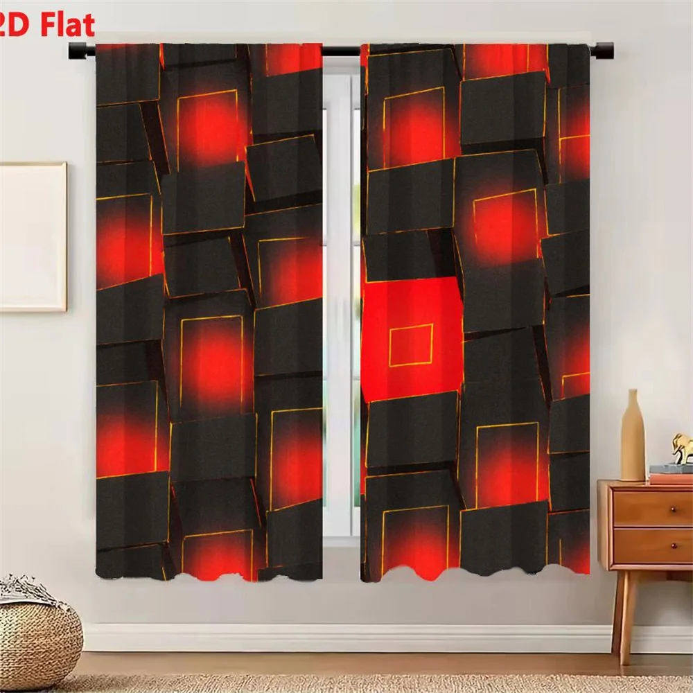 2Pcs Curtains 2D Flat Geometric Abstract Digital Artwork with Black Rectangular Blocks Yellow Outlines Glowing Red Interior Patt