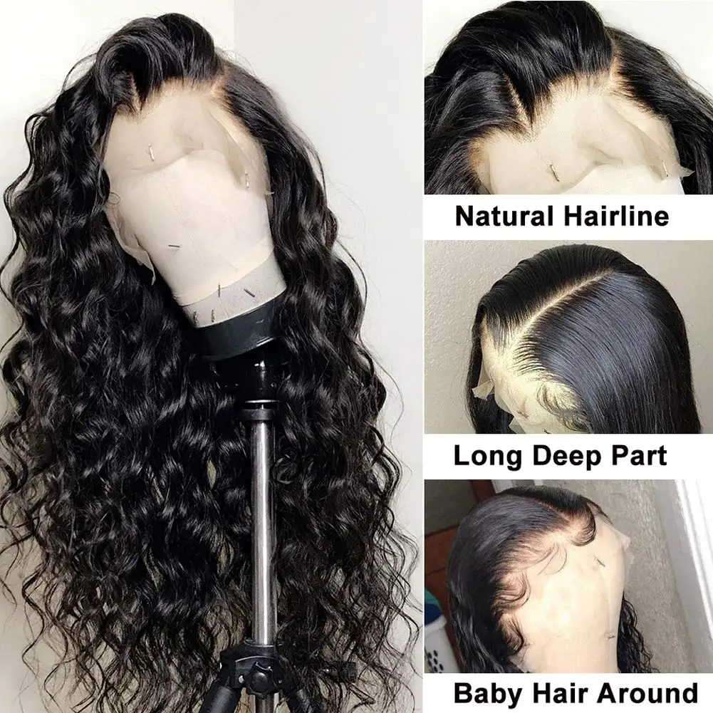 Perruque Full Lace Wig sans colle péruvienne naturelle-At, cheveux humains, Deep Wave, noir naturel, 13x6 HD, 34 pouces de long, 360