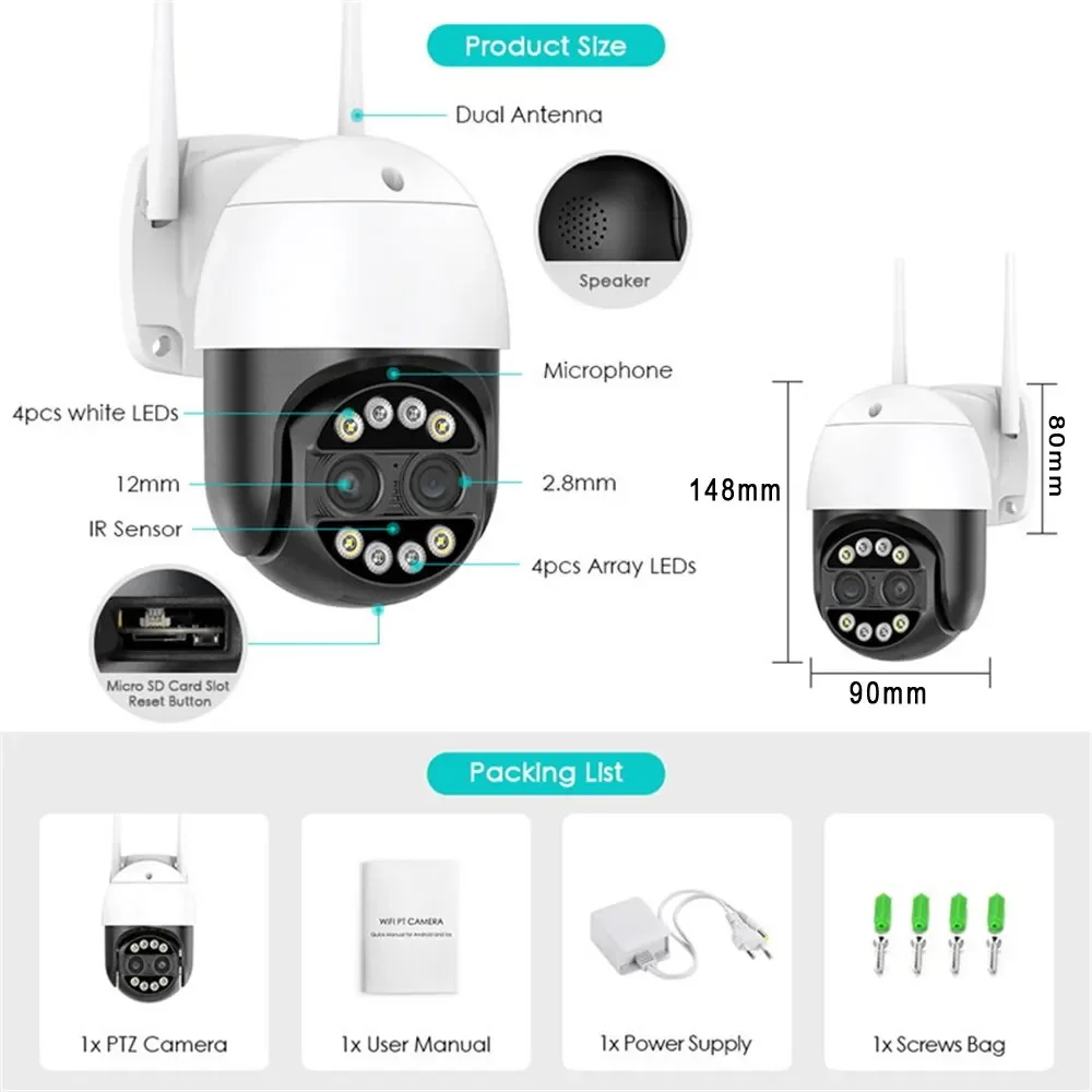 WiFi IP Camera 8MP Dubbele Lens 2.8mm -12mm 8X Zoom 4K PTZ Outdoor AI Menselijk Tracking CCTV Audio Home Bewakingscamera