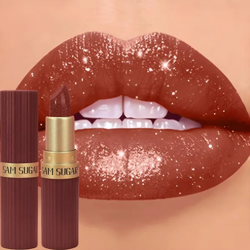Lápiz labial con purpurina de diamante, resistente al agua, duradero, metálico nacarado, brillo de labios marrón, brillo de labios para mujer, cosméticos de maquillaje