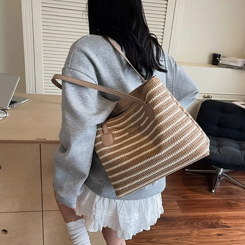 

Hollow Out Straw Woven Bag Beach Handbag Large Capacity Bohemian Beach Bag Parent Shoulder Bag Bucket Bag Strip Shoulder Bag