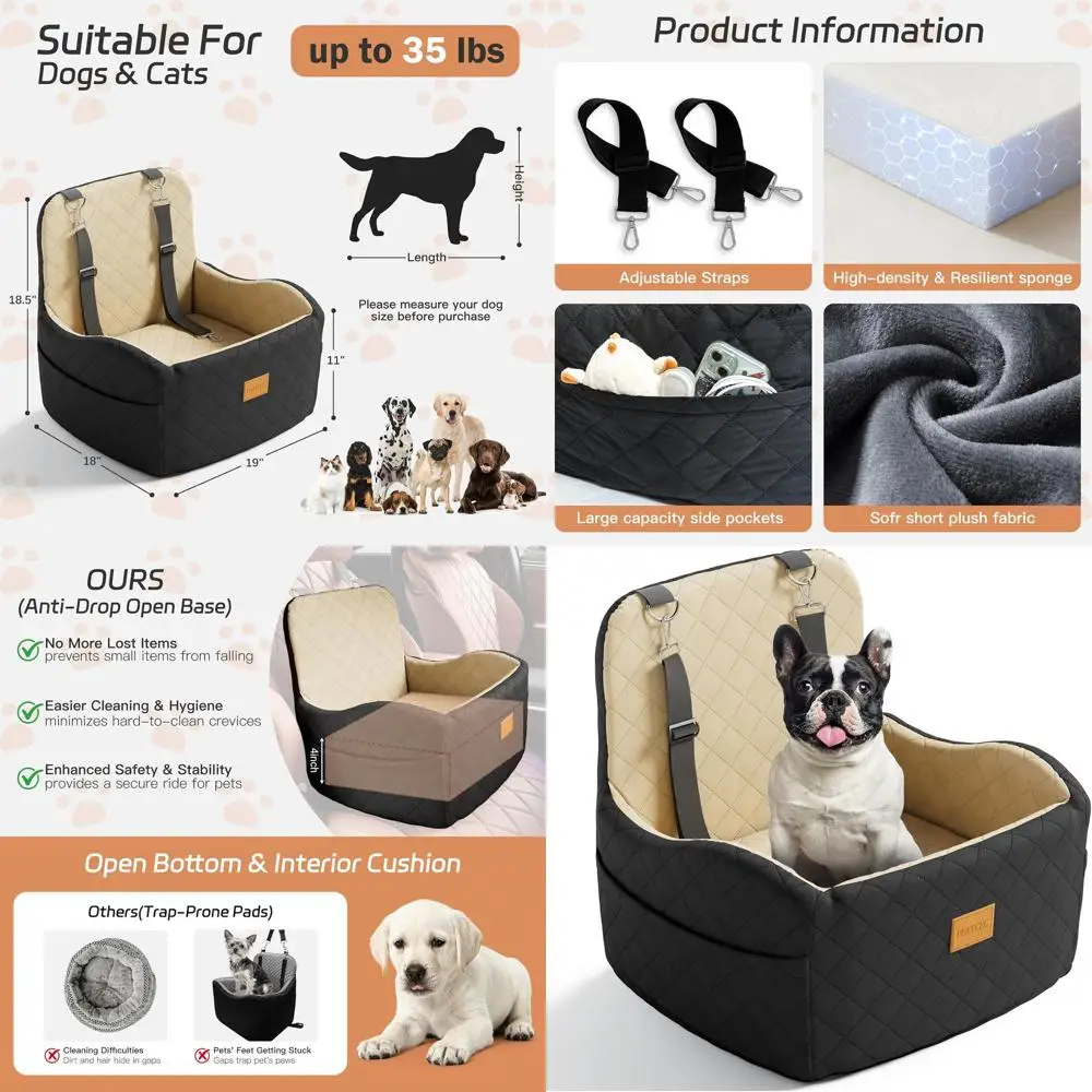

Приподнятое автокресло для домашних животных для маленьких/средних собак до 35 фунтов, моющееся, съемная кровать, 2 кармана, ремень безопасности, противоскользящее основание