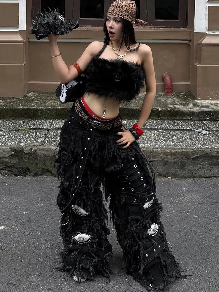 Dziwaczny Kot Dzika Piękność Futrzana Koszulka Bez Rękawów Damska Seksowna Z Frędzlami Bez Rękawów Coquette Impreza Uliczna Klubowa Styl Punk Krótki Top