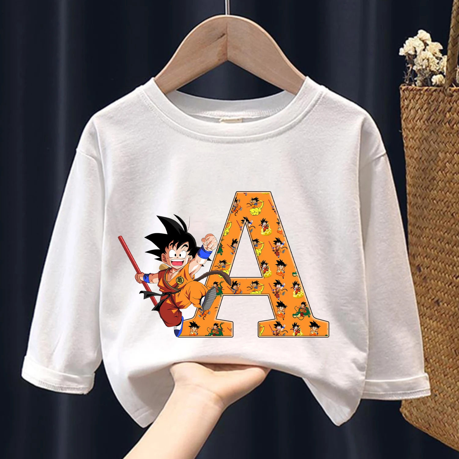 Dragon Ball Goku Long Sleeve for Children A-Z Letter Clothing Fashion Cartoon Caftan Kids Anime Clothes Round Neck Blouse Gift