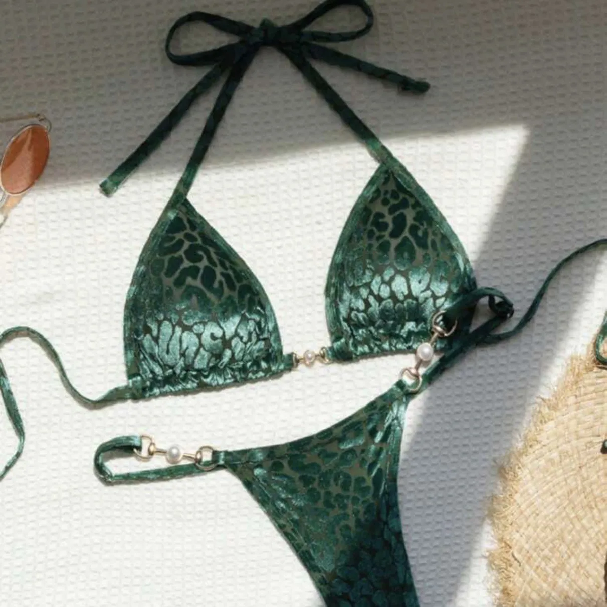 

Swimwear 2026 Bikini Women's Triangle Top Leopard Print Thong Bottom Bikinis Emerald Green Swimsuit Navy Blue Two Piece Swimsuit