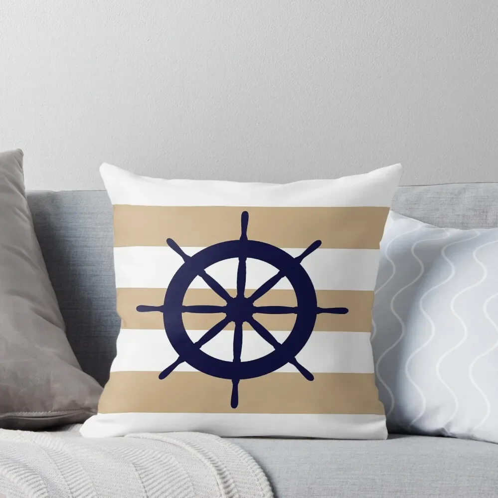 

Nautical Navy Blue Ship's Steering Wheel On Tropical Tan Stripes Throw Pillow Christmas Covers For Cushions pillow