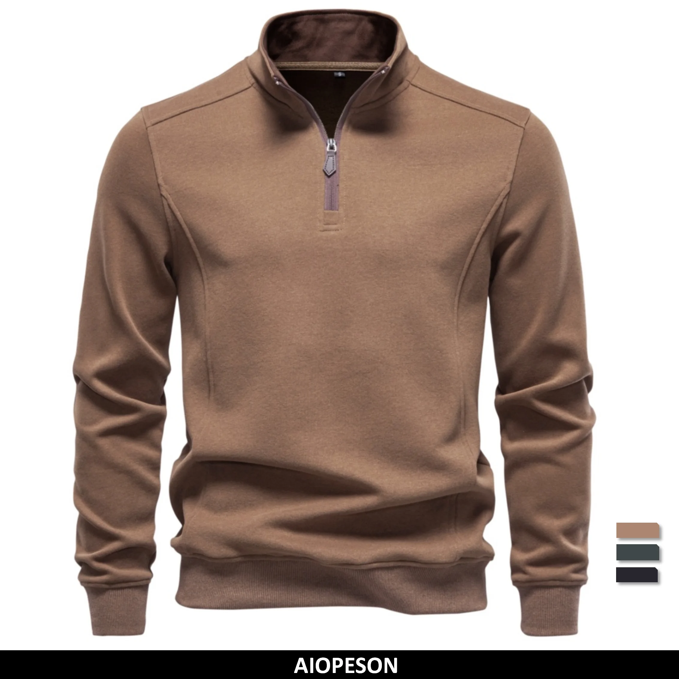AIOPESON Men's Half Zip Pullover Stand Collar Solid Color Warm Cozy Long Sleeve Sweatshirt Autumn Winter Casual Lightweight Tops