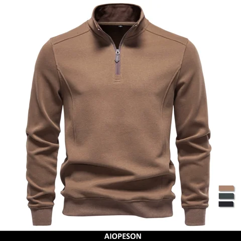 AIOPESON Men's Half Zip Pullover Stand Collar Solid Color Warm Cozy Long Sleeve Sweatshirt Autumn Winter Casual Lightweight Tops
