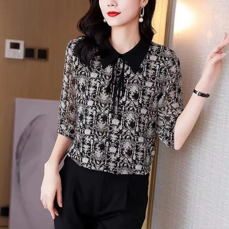 Vintage Printed Lapel Lace Up Bow Oversized Chiffon Shirt 2022 Summer Casual Tops Loose Elegant Women\'s Clothing Commute Blouse