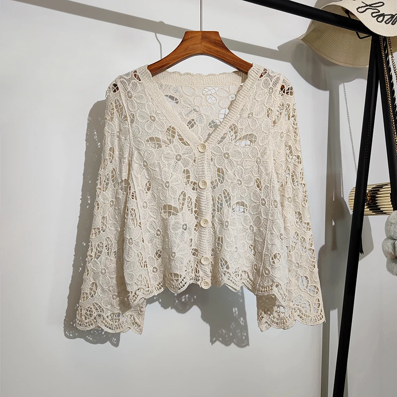 Sheer Crochet Top Cover Up Button Front V-Neck Long Sleeve Open-knit Embroidery Floral Blouse Women Summer Boho Vacation Outfit