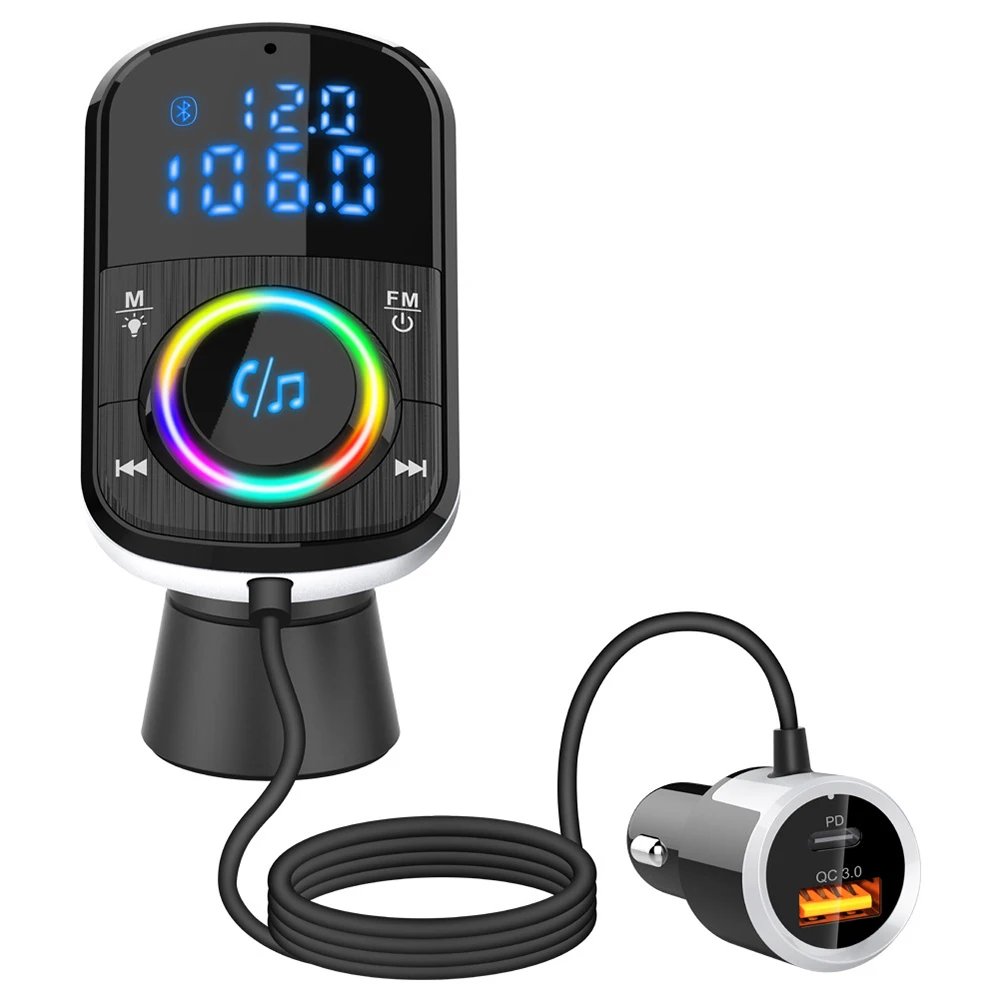 1PCS Car FM Transmitter Car Charger Bluetooth 5.0 QC 3.0 Fast Charge PD Car Charger MP3 Music Player Ambient Light TF Card