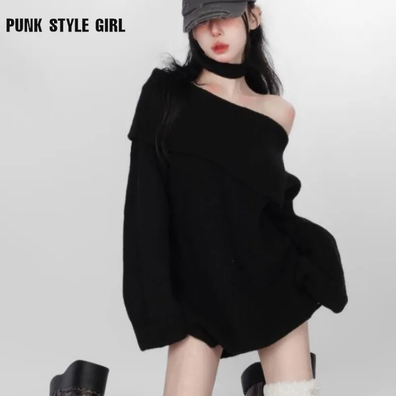 Loose Kpop Black Knit Halter Sweater Women Off Shoulder Sexy Y2K Long Sleeve Pullovers Jumpers Female Lazy Wind Gyaru Jerseys