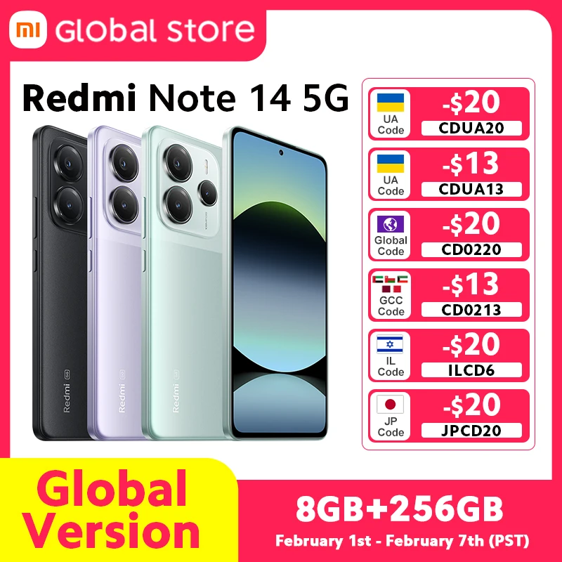 【Brand+】 Xiaomi Redmi Note 14 5G Global Version NFC Smartphone MTK Dimensity 7025-Ultra 108MP Camera 45W Turbo Charging