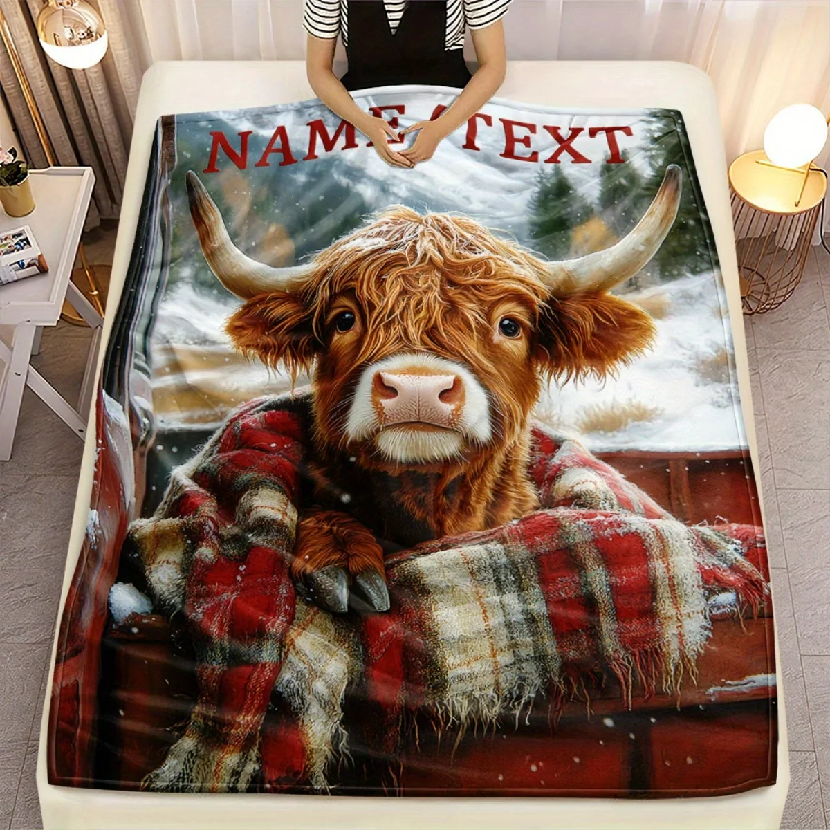 1 Stück personalisierte Highland Cow-Decke mit individuellem Namen – HD-Digitaldruck, weicher Flanell-Flanellüberwurf mit schottischem Kuh- und Karomuster