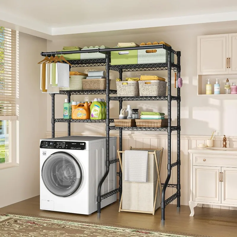 رف تخزين علوي للغسالة/المجفف باللون الأسود بستة طبقات - 2 قضبان شماعات، قابلة للتعديل، شديدة التحمل، مقاومة للصدأ، موفرة للمساحة #4