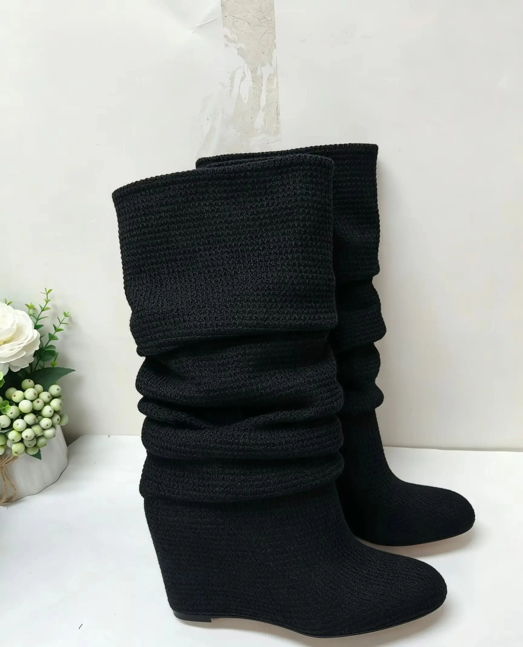 2026 Autumn Winter Knitted Pointed Toe Summer Heel Pumps Wide Cuff Knee High Boots Elegant Office Lady Daily Party Street Shoes view 2