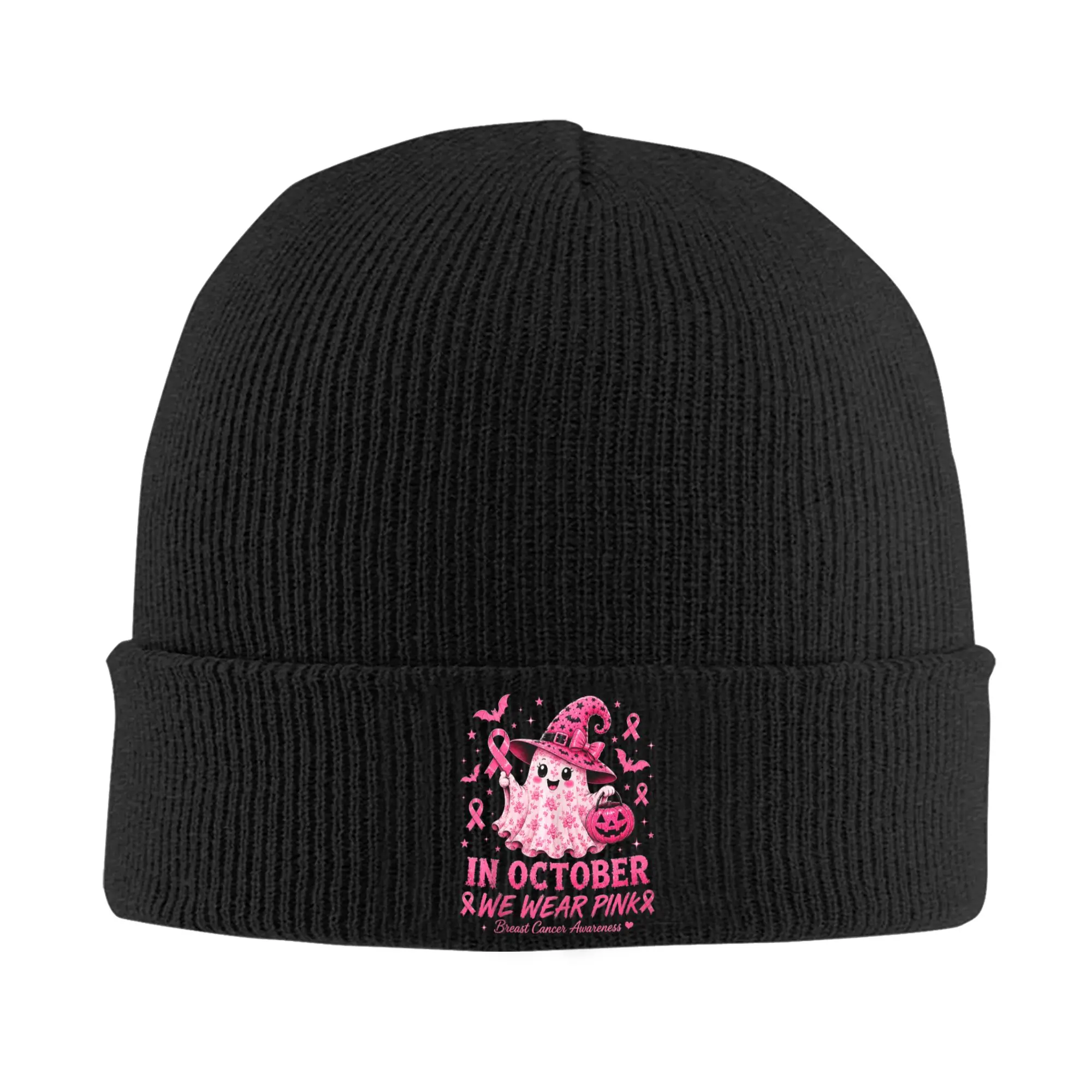 in October We Wear Pink Ghost Breast Cancer Knitting Hat  Vintage Caps Female Male Hippie Beanie Hats Autumn Warm Bonnet Hats