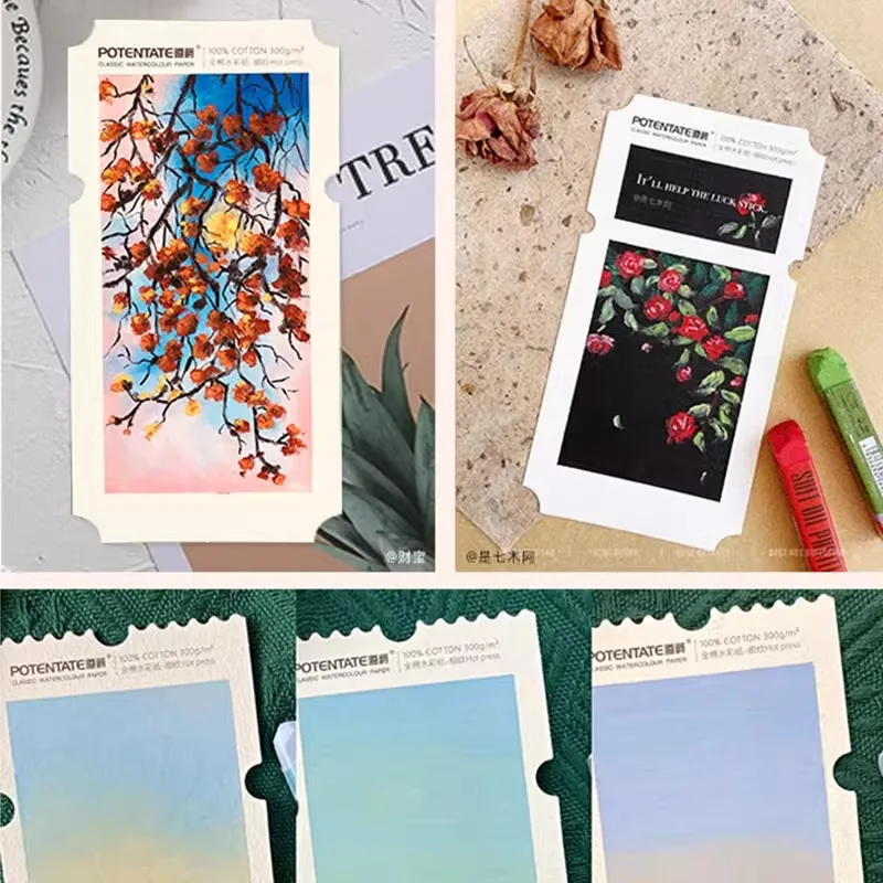 POTENTATE Ticket Stub Watercolor Paper Cotton Paste Drawing Paper 300g Fine Grain Mini Portable Serrated Irregular Shape