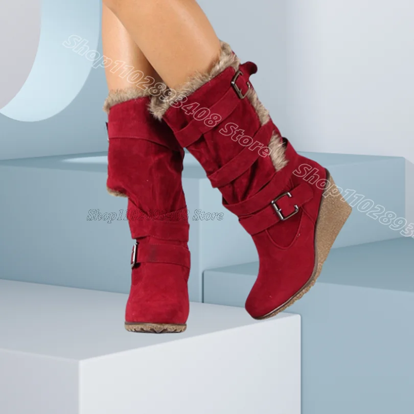 

Red Wedges Heels Fur Flock Boots Round Toe British Style Women Dress Party Spring Winter Warm Boots 2025 Zapatos Para Mujere