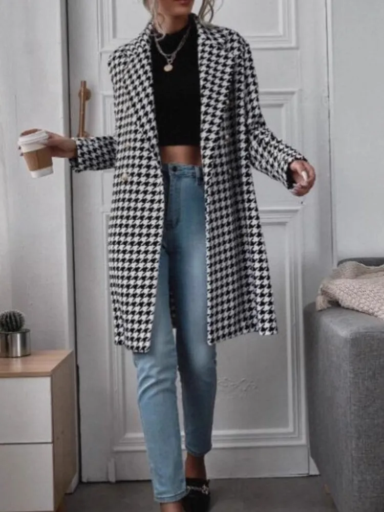 2026 New Autumn/Winter Women's Coat Fashionable, Comfortable, Casual, Commuting Versatile, Thousand Bird Grid Printed Coat