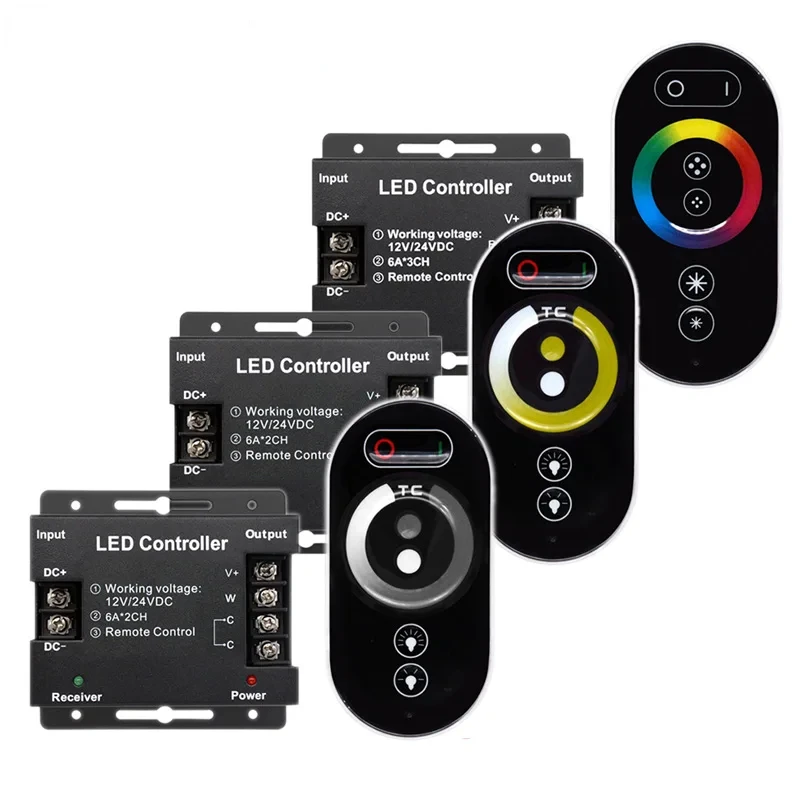 

DC12-24V 12A 18A LED Strip Light RF Touch Remote Controller Dimmer for 3528 5050 SMD COB CCT RGB Tape Lights Adjust Brightness