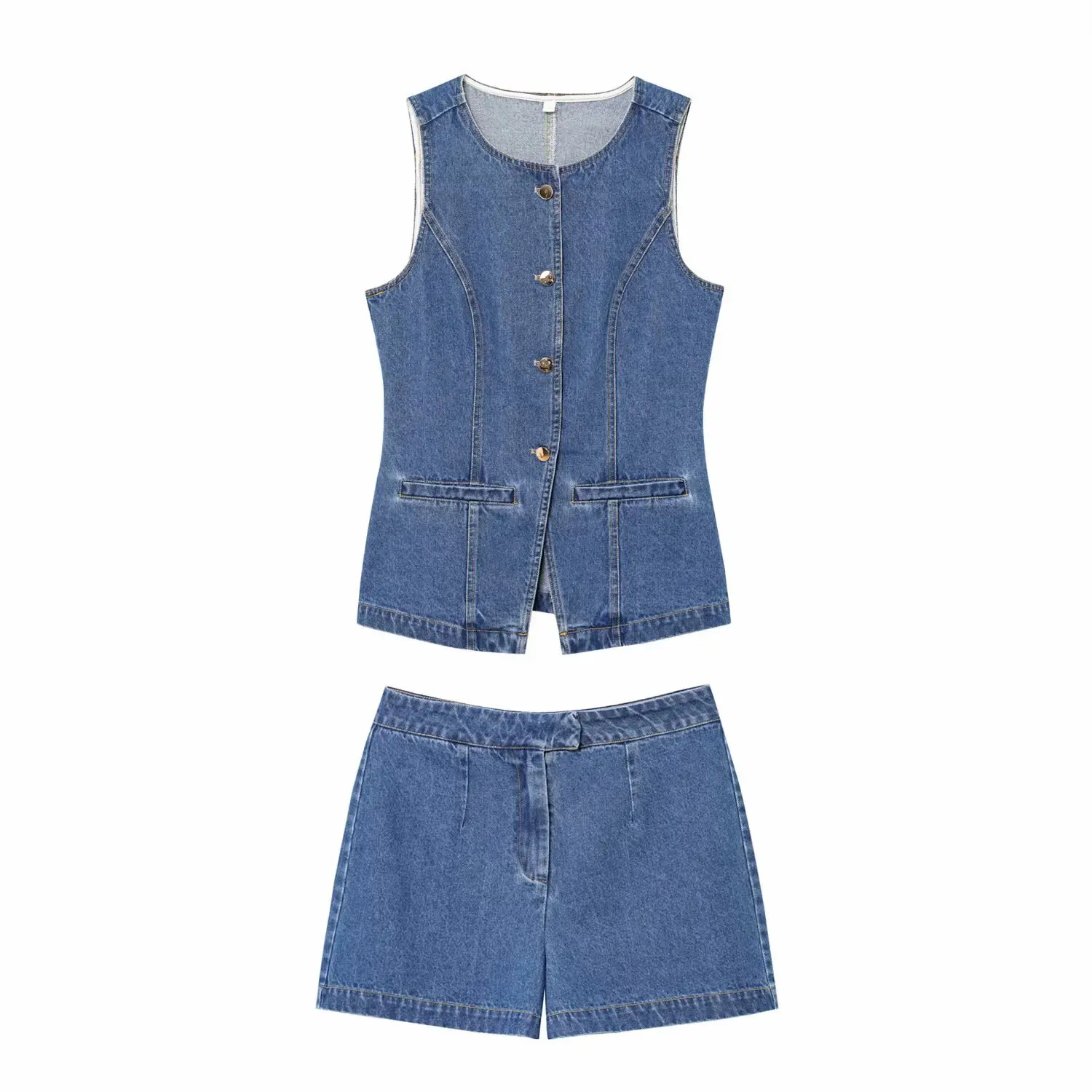 

INS Fashion Streetwear Two Piece Short Set Vibrant Blue Round Neck Sleeveless Single Breasted Vest Short Pants Women Denim Suit