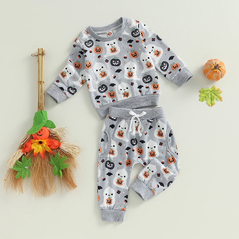 2023-06-11 Lioraitiin 0-3 anni Toddler Baby Boy Girl vestiti di Halloween Ghost Pumpkin Print felpa top pantaloni elastici Set