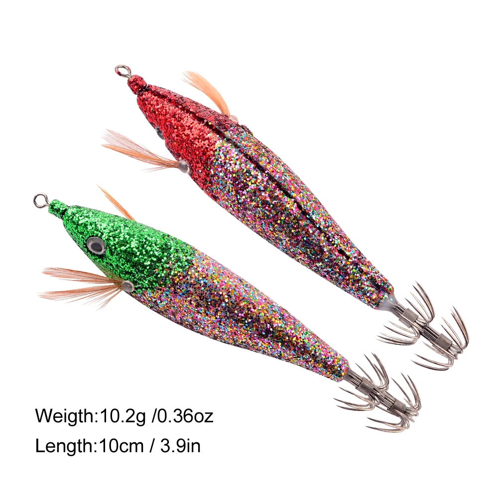 ILURE Squid Jigs with Box Rattle Fishing Lure Lead Wood Shrimp Octopus Squid Hook Sinker Artificial Wobbler Glitter Sequins10Pcs