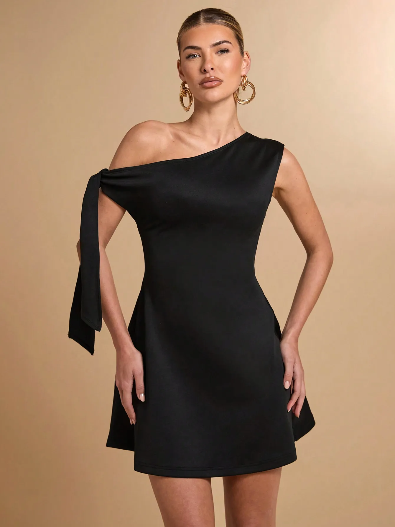 

Women's Asymmetrical One-Shoulder Tie Strap Flare Mini Dress