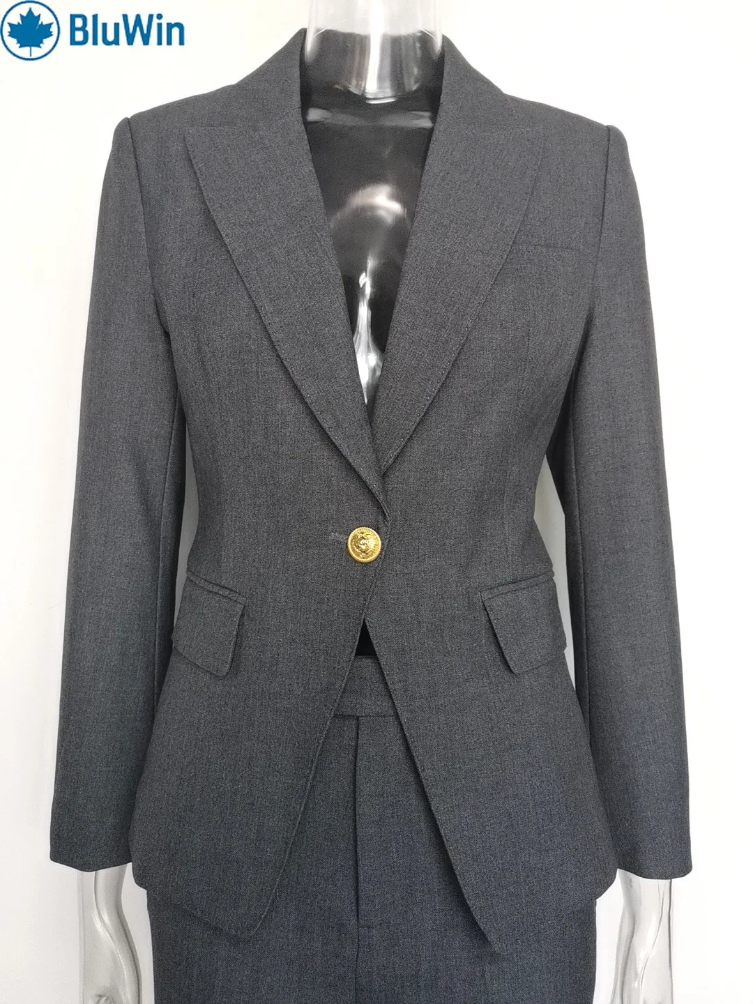 BluWin Set completo blazer grigio da donna Pantaloni a due pezzi Nuovo uniforme da lavoro formale da ufficio slim fit con un bottone