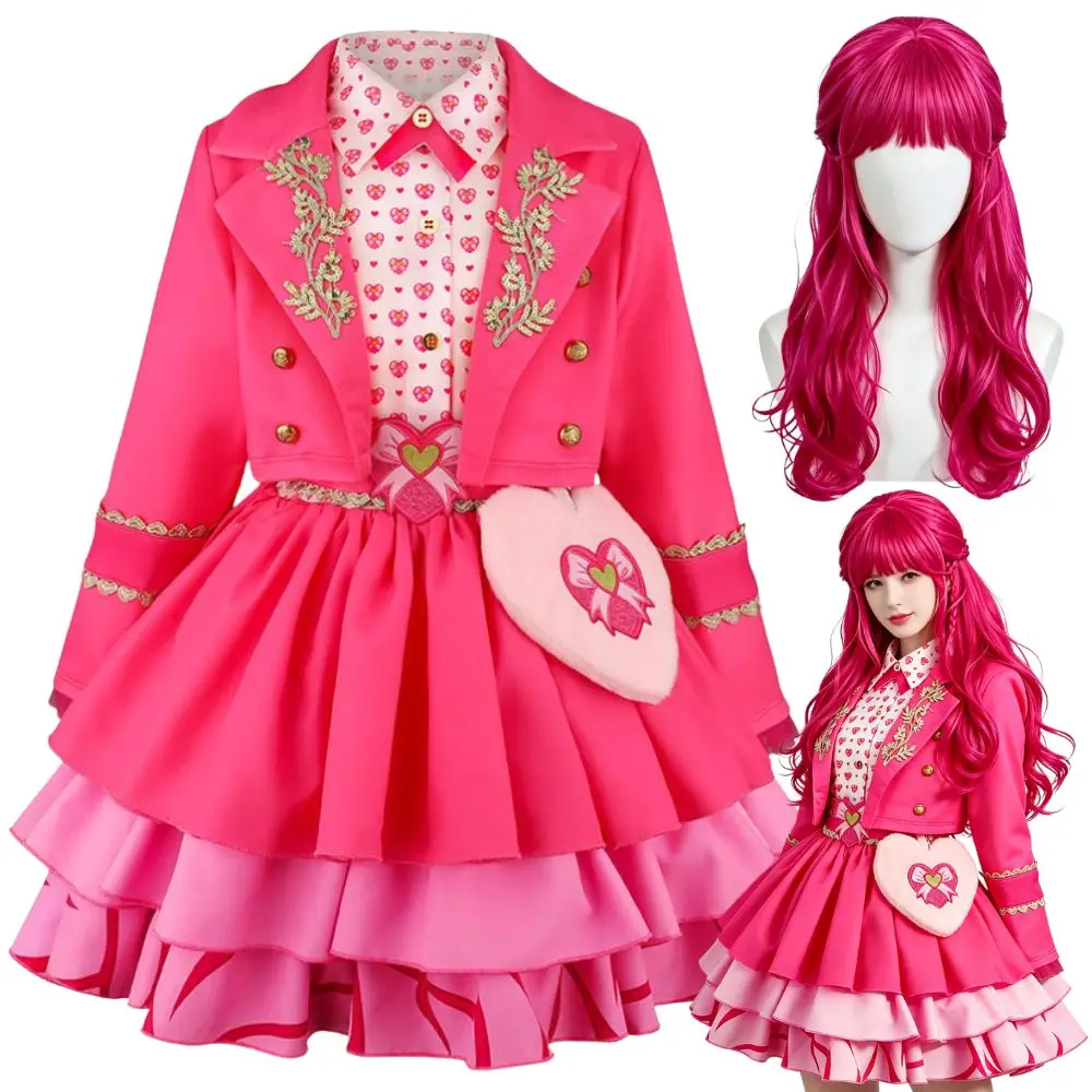 Descendants Pink Cosplay Women Dresses Costume Wig Plush Bag Roleplay Fantasia Outfits Fancy Dress Up Halloween Carnival Suit
