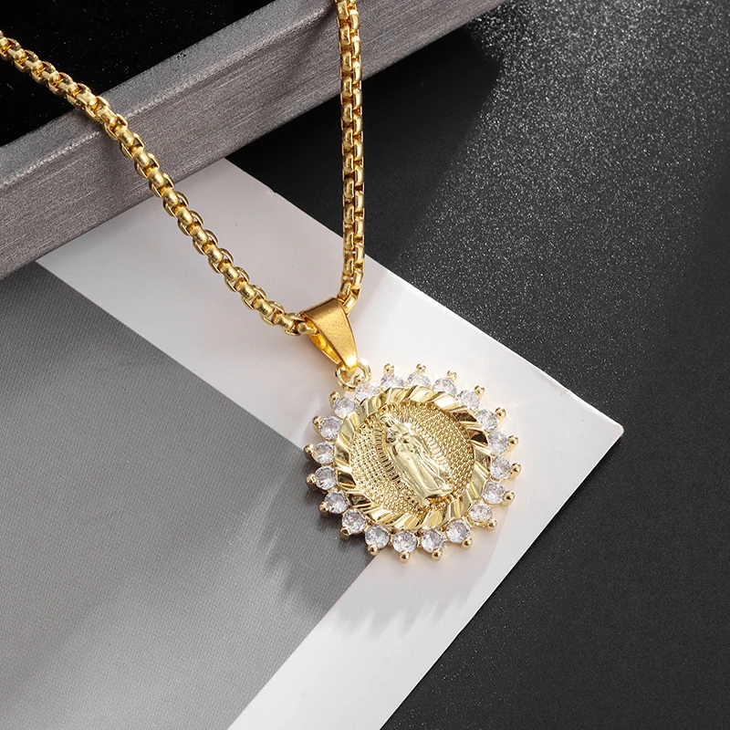 Exquisite Zircon Virgin Mary Sunflower Pendant Necklace Women's Fashion Casual Lucky Amulet Jewelry Gift