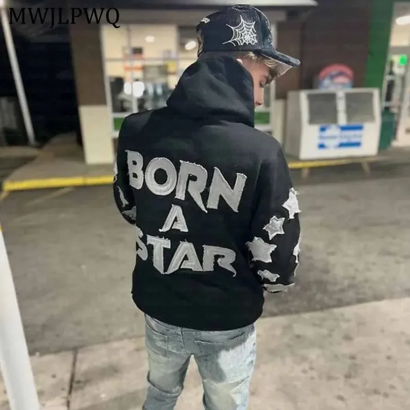

MWJLPWQ Printed Fashion Vintage Male Sweatshirt High Street Letter Star Embroidery Patch Niche Design Loose Casual Jacket 011008