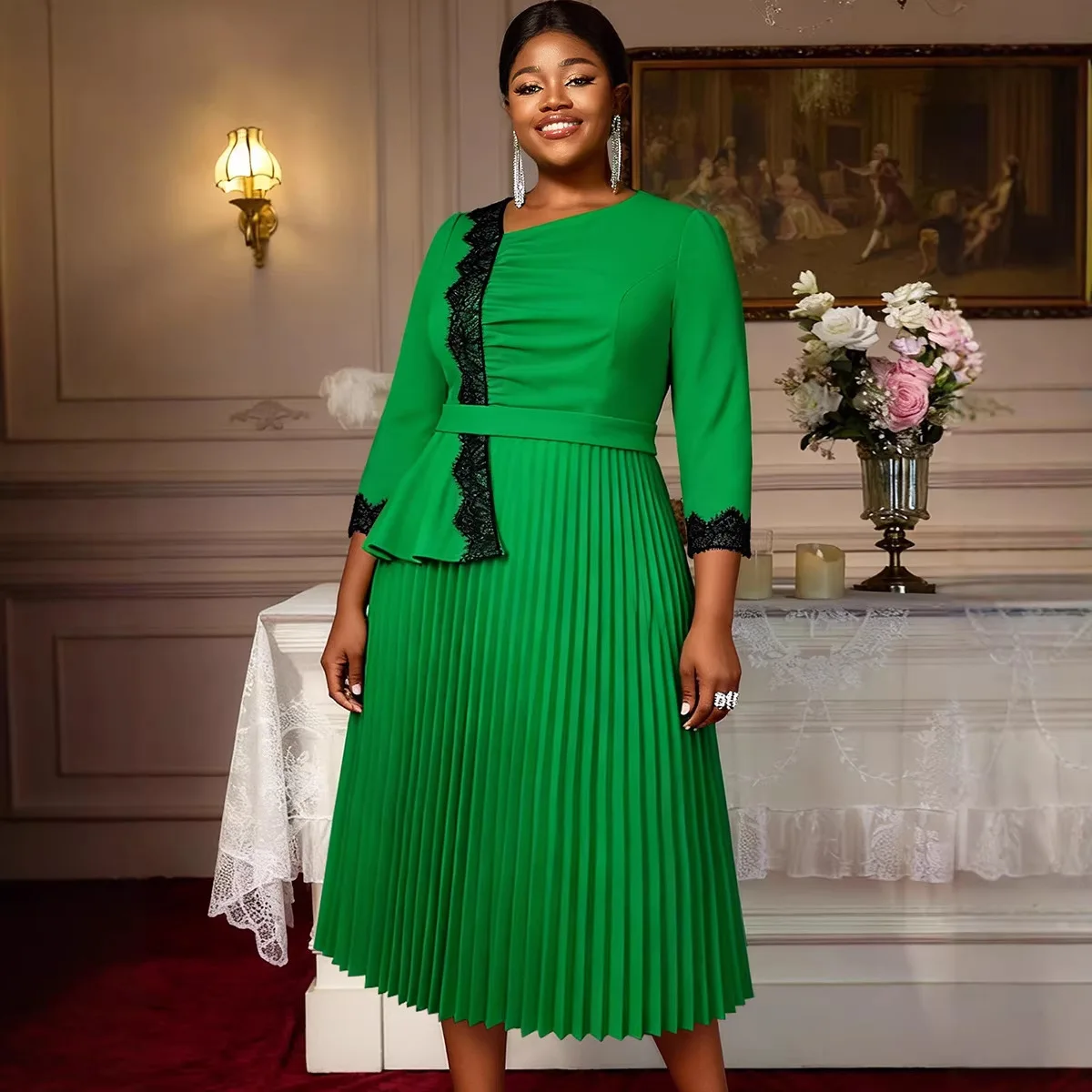 

Африканские платья Дашики для женщин: элегантное плиссированное платье из полиэстера с V-образным вырезом и рукавом 3/4, коллекция Весна-Лето 2026. Африканская одежда.