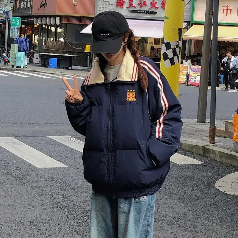 Kawaii Retro College Style Women's Cotton Clothing Spliced Winter Thick Warm Cotton-Padded Jacket Fashion Couple Cotton Jacket