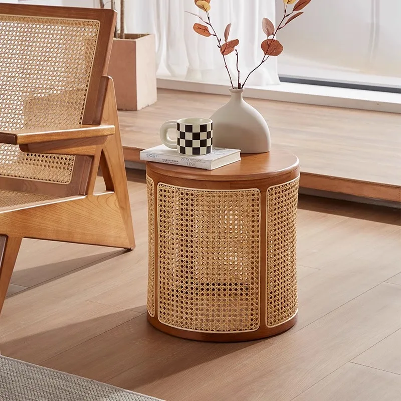Rattan edge few Nordic round solid wood Japanese style living room sofa small coffee table balcony casual simple storage