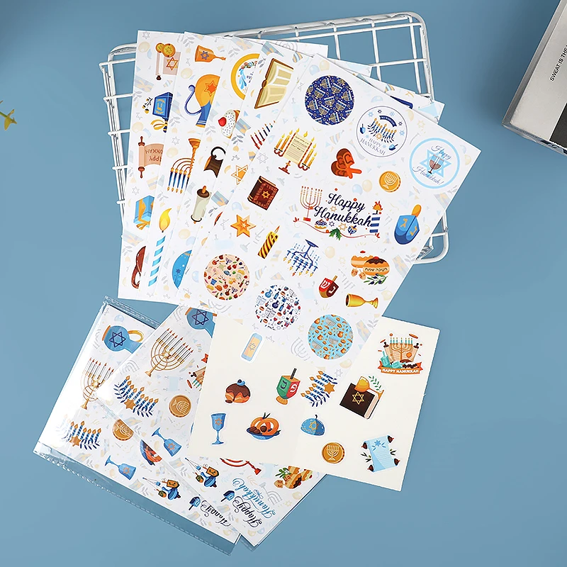 6 أوراق عيد مبارك ملصقات سعيد هانوكا الهدايا التعبئة والتغليف ملصقات الختم رمضان كريم عيد DIY بها بنفسك سجل القصاصات ملصقات هدية ديكور