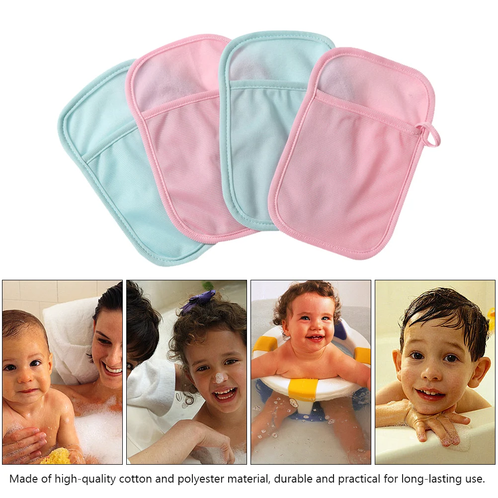

4pcs Baby Mitts Gentle Scrub Cotton Brush Infant Shower Washcloth Reusable Bath Gloves Comfortable Durable For Baby Bath Time