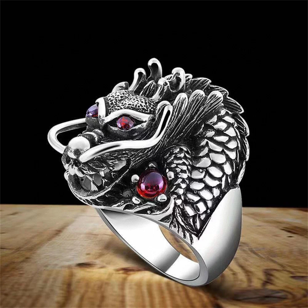 925 Silver Vintage Chinese Dragon Gem Punk Rings 16-26mm inner Lucky S925 Retro Thai Silver Ring for Man Charm Gift Jewelry