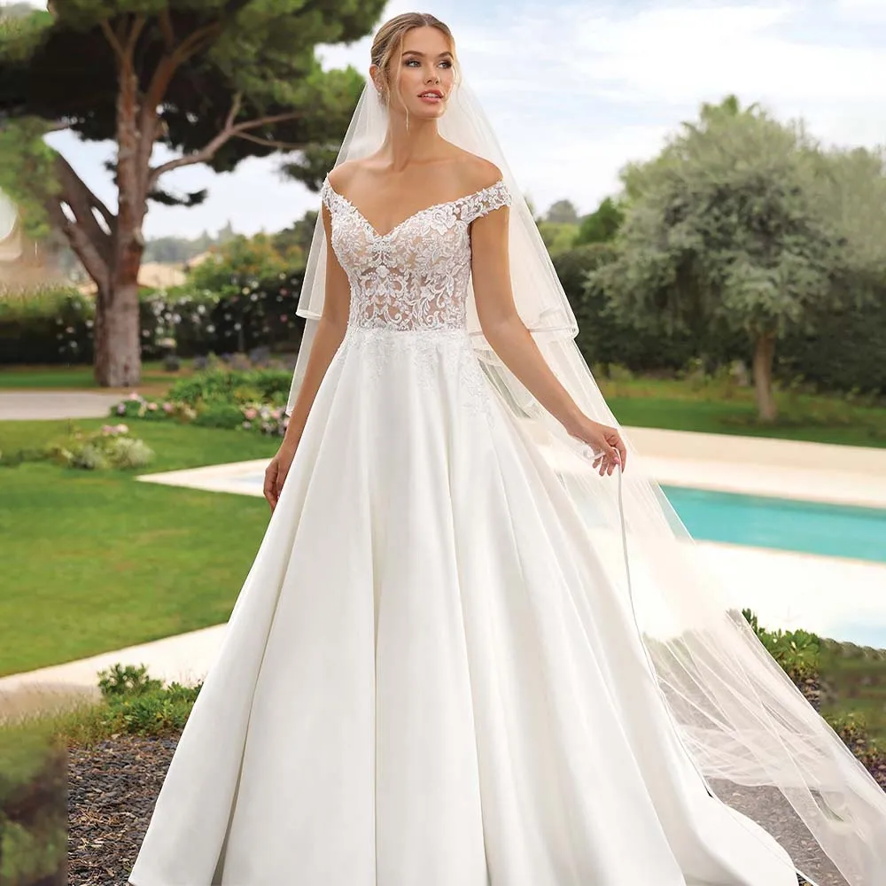 

Modern Off The Shoulder Sweetheart Lace Applique Satin Wedding Dresses Sweep Train Custom Made 2024 Rode De Morrie