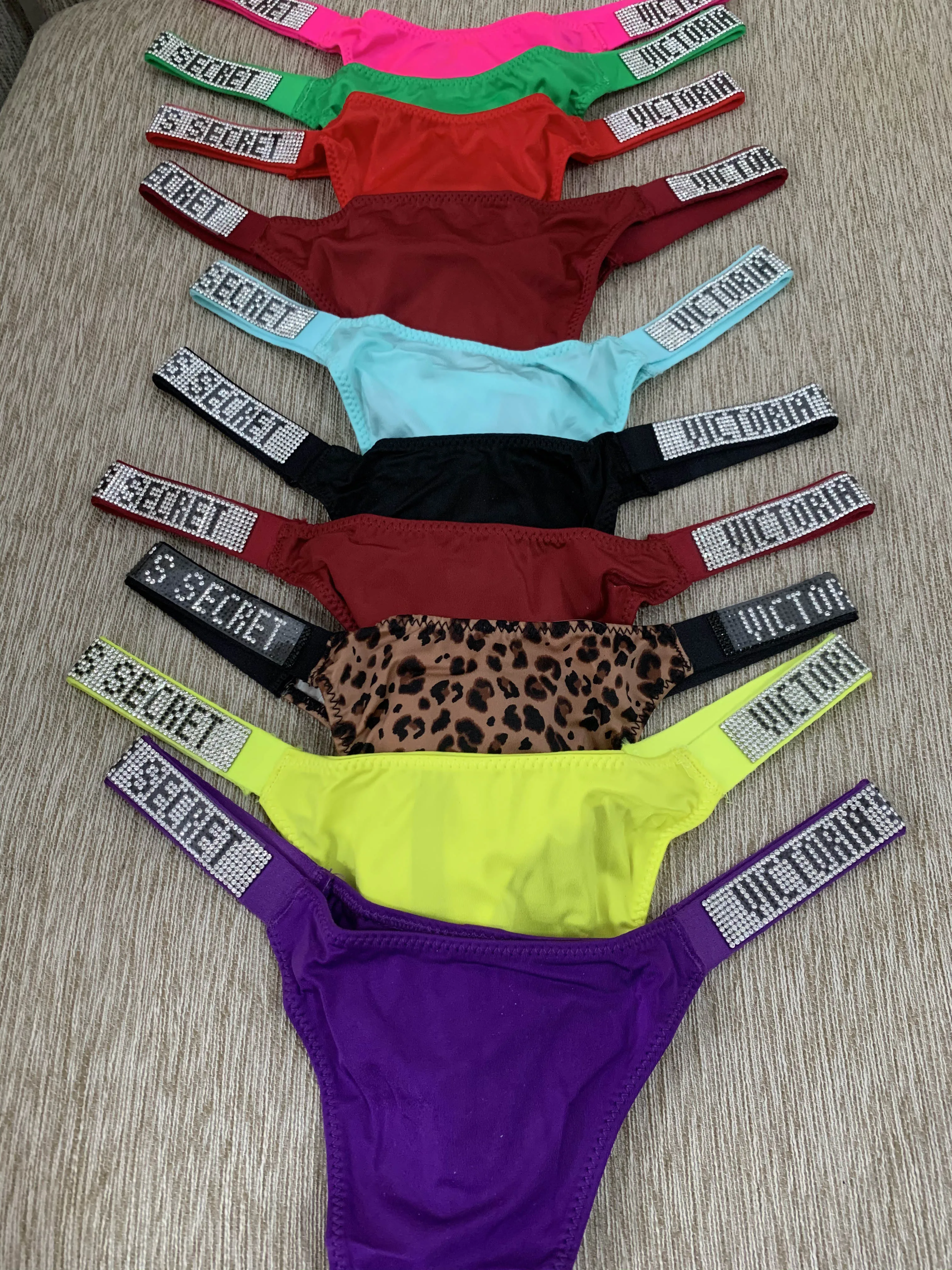 빅토리아 시크릿 티팬티 섹시한 핑크 브랜드 란제리, 레이스 속옷, 로우라이즈 여성 팬티, 라인스톤 레터, 편안한 브리프