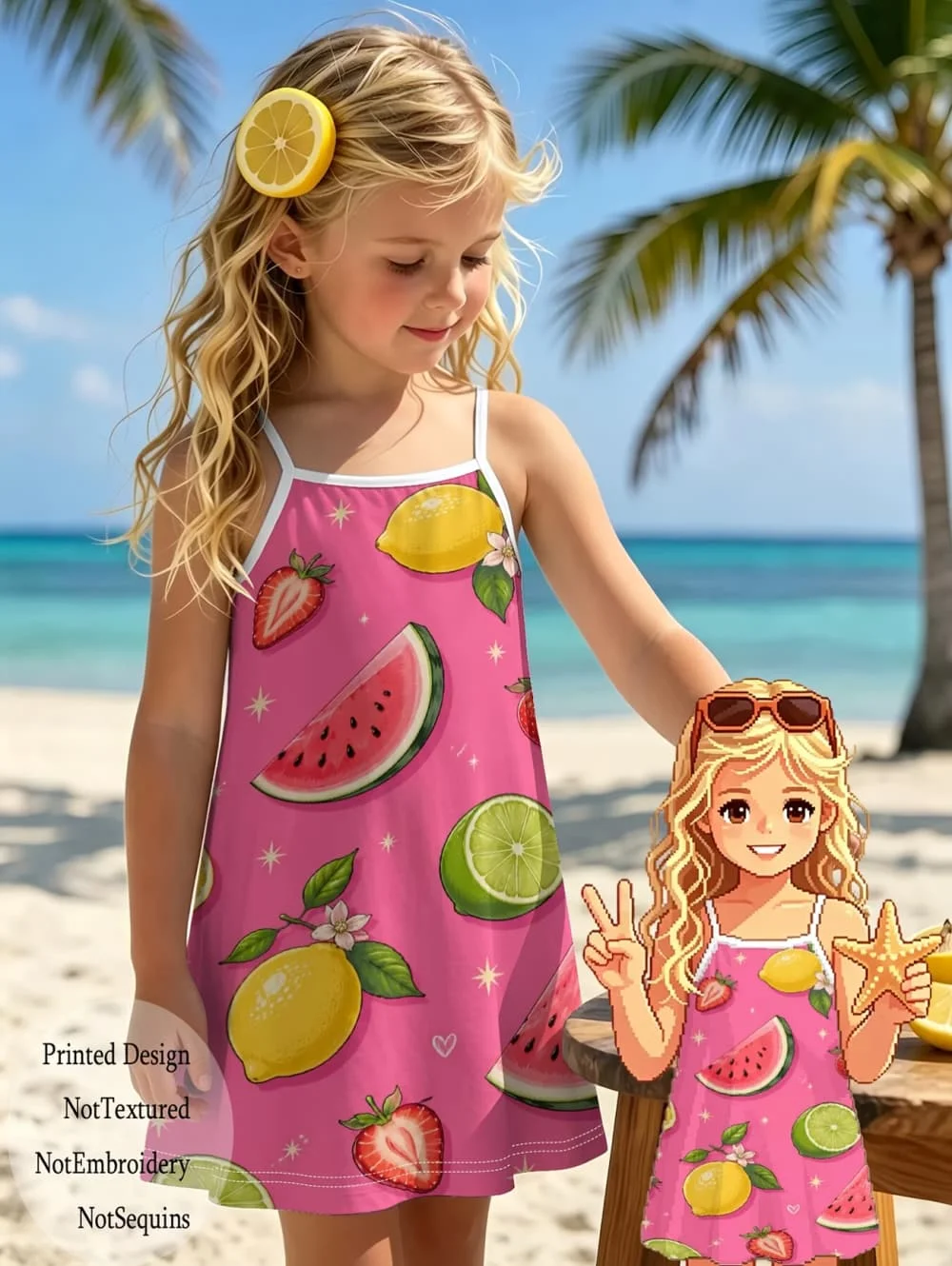 Girls Sleeveless Spaghetti Strap Dress Cartoon Fruit Print Girls Clothes Seaside Vacation Outfit Beach Loose Soft Kids Clothing