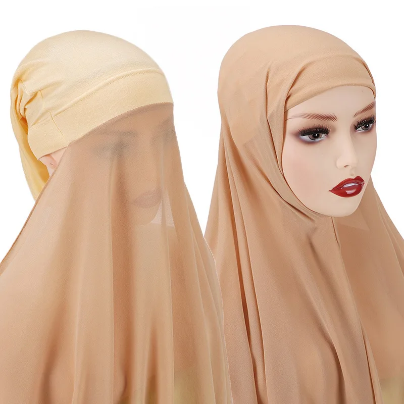 

26 Color Ramadan Instant Chiffon Hijab with Undercap Pullover Muslim Headscarf Outdoor Thin Breathable Sunscreen Head Wrap