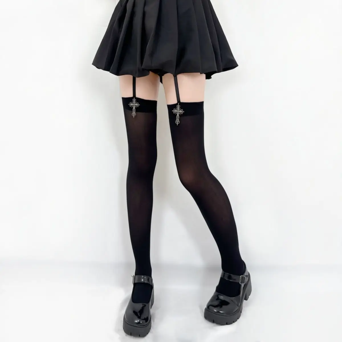 

1/2pairs Gothic Cross Decoration Tight for Women Stockings Solid Color Thin Thigh High Lolita Over Knee Stockings