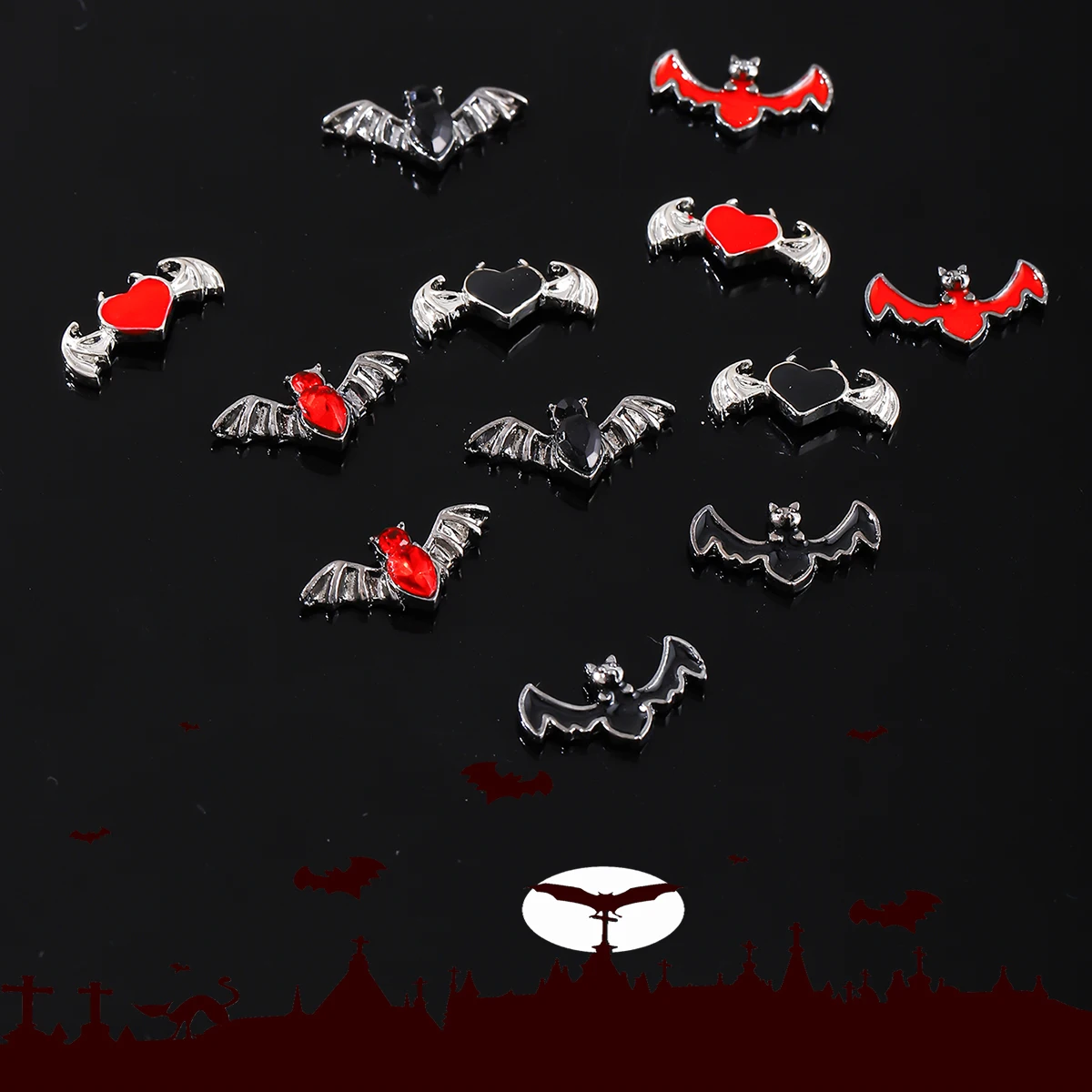 30szt Czarno-czerwone ciemne nietoperze retro mały diabeł miłość zdobienie paznokci dekoracja y2k metalowy styl Halloween DIY zdobienie paznokci dekoracje