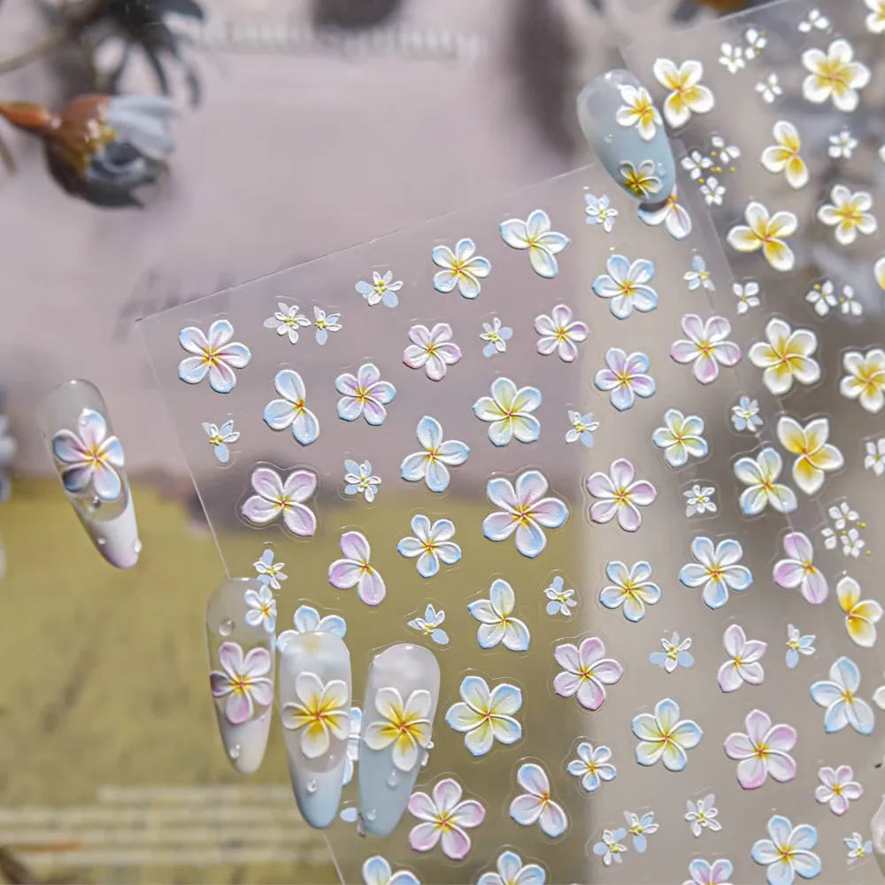5D エンボス加工レリーフフランジパニの花ネイルステッカー黄白 5 花びら花スライダーステッカー Y2K 自己粘着マニキュアデカール