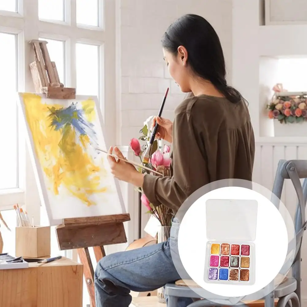 طقم طلاء معدني بألوان مائية مع لمعان ، تأثيرات لؤلزية ، عشاق رسم الفنانين ، 12 لونًا