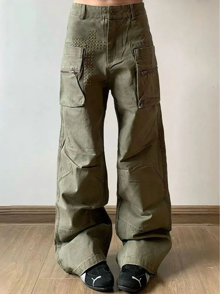 Women's Rivet Army Green Wide Leg Pants 90s Vintage Cool Girl Wide Legs Sweatpants Female High Waisted Personality Trousers